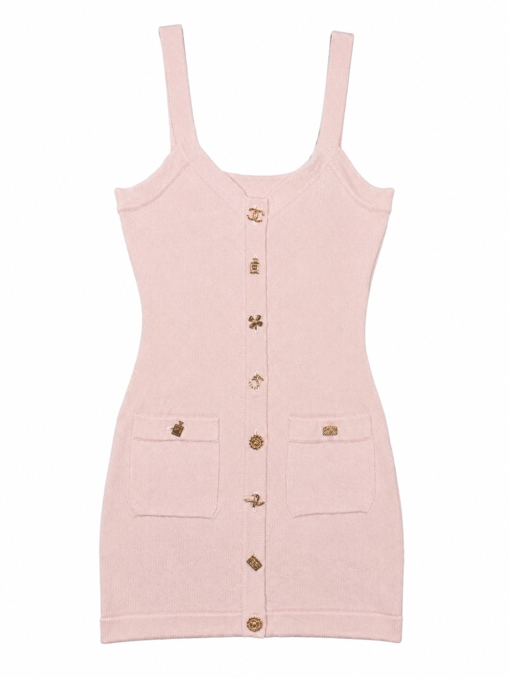 CHANEL Blush Pink Knit Button-Front Mini Dress